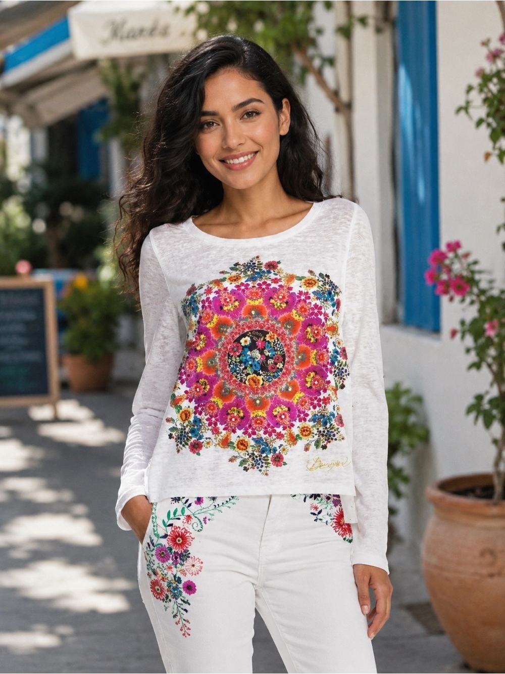 Desigual Prisca white long-sleeve high-low top with studs and sheer pleats Small